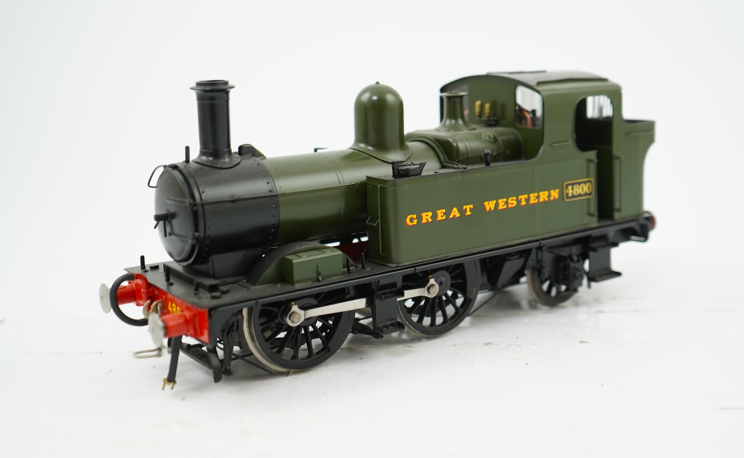 A Gauge One brass model of GWR Class 14xx, 4800, 0-4-2T locomotive, powered for two rail operation.